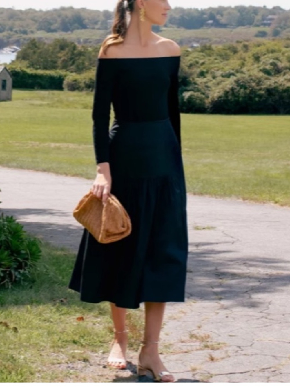Tuckernuck Marissa Off Shoulder Black Midi Dress Tiered Size M